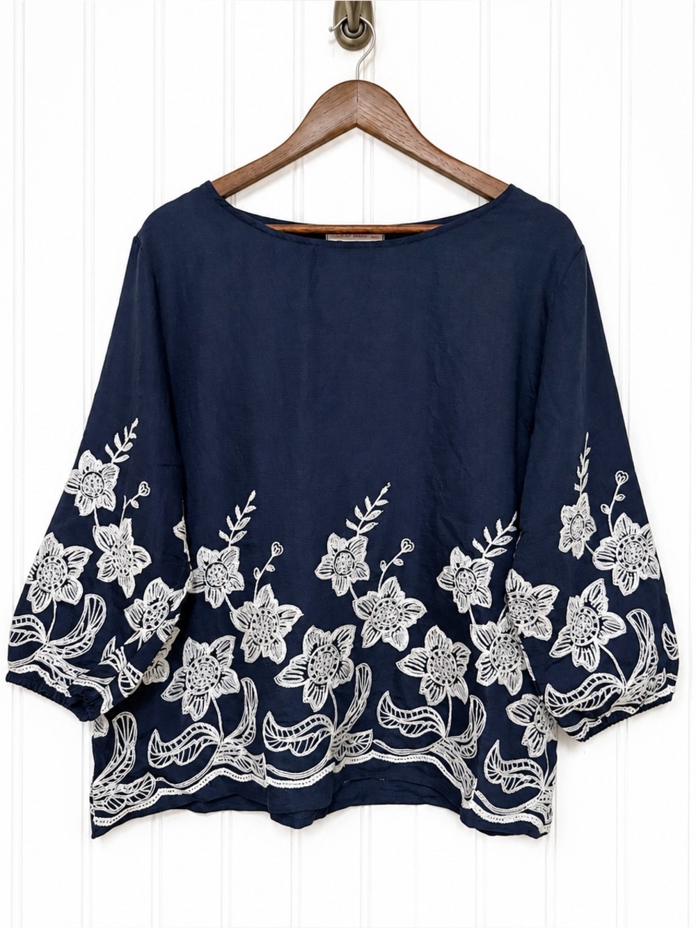 Women's Peasant Embroidered Top Size XL Navy Boho Floral Cottagecore Folk Prarie